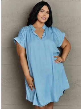 Light Blue V-Neck Short Sleeve Dress